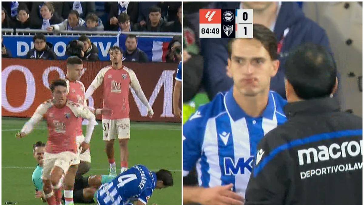 Denis Suárez tiene que ser atendido por un corte en la boca tras chocar con el árbitro